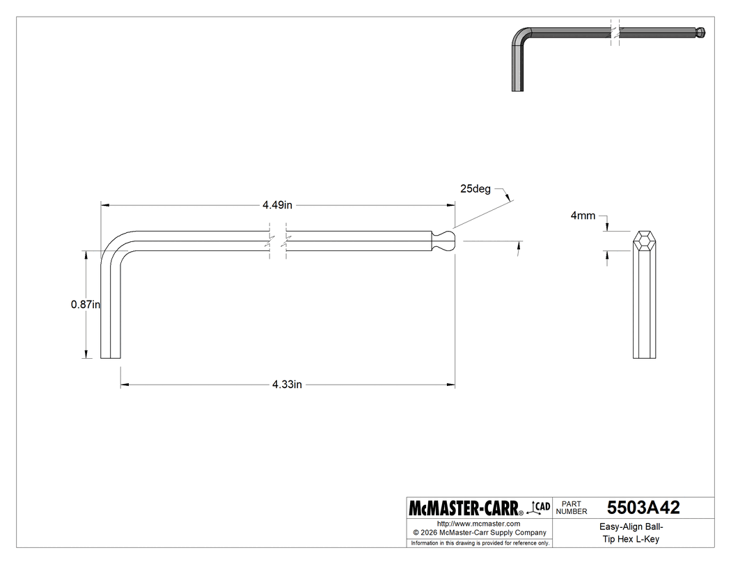 Technical Drawing of Alloy Steel Angled-Drive Ball-Tip Hex L-Key, Black Phosphate Coated, 4 mm Drive Size, 4.5" Overall Length .